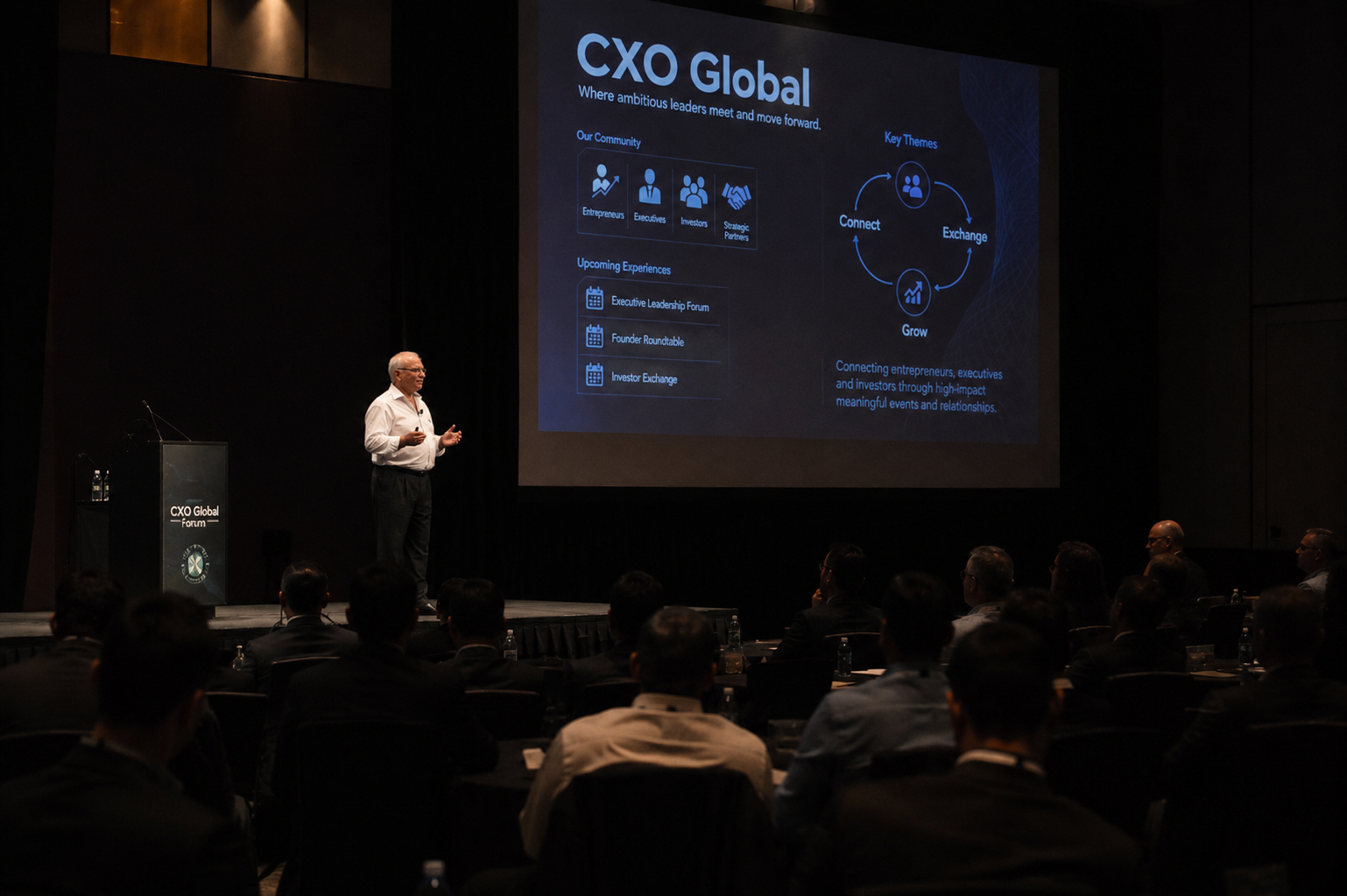 Concept visual showing business leaders attending a CXO Global summit